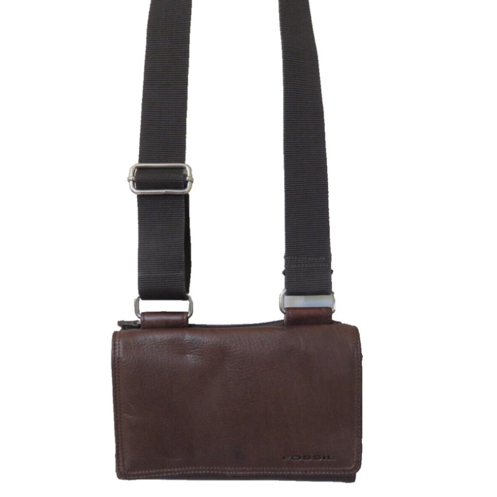 Vintage Fossil Brown Genuine Leather Wallet Crossbody Bag Organizer